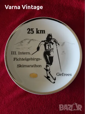 Колекционерска порцеланова чиния Ски маратон Fichtelgebirge 25 км. Wertarbeit Meier Kachel Германия, снимка 2 - Колекции - 49900901