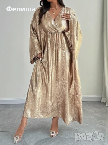 Дълга Арабска Рокля с Бляскав Ефект / Блестящи Отражения Течно Злато - XL / XXL, снимка 6 - Рокли - 50603632