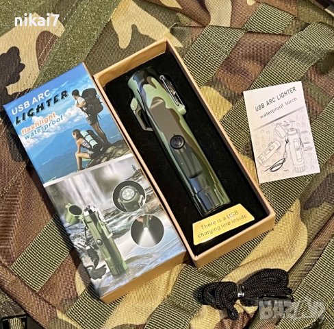 тактическа водоустойчива плазмена запалка с фенер и компас туризьм лов, снимка 2 - Други - 42056042