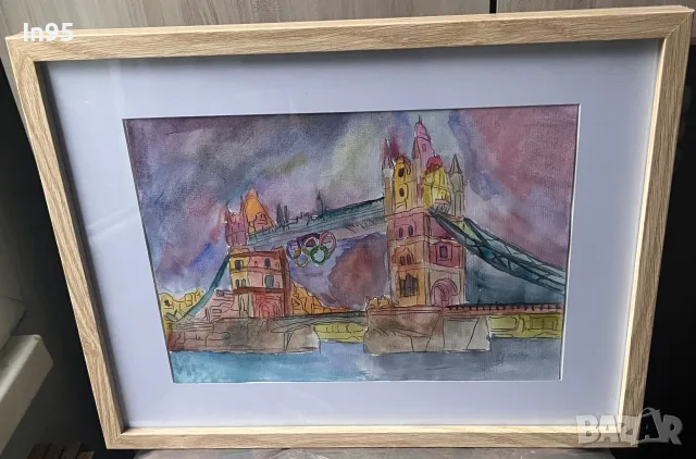 Tower Bridge – оригинална акварелна картина с рамка и паспарту, снимка 2 - Картини - 55893891