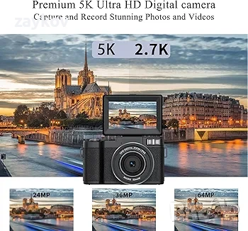 5K цифров фотоапарат за фотография, 64MP камера за влогове с автофокус, снимка 2 - Камери - 52425076