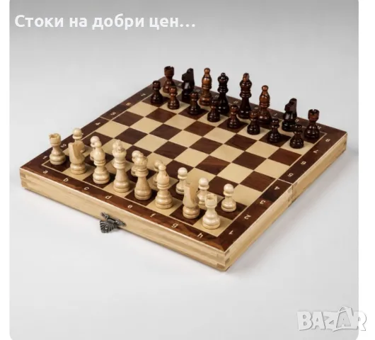 Име Дървен комплект 3 в 1 – Шах, дама и табла със сгъваема дървена кутия и фигури