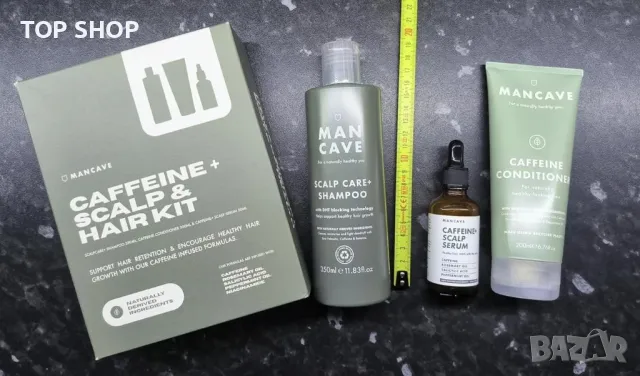 Нов комплект ManCave Максимален Ефект Кофеин Шампоан, Балсам и Серум, снимка 8 - Продукти за коса - 49604525