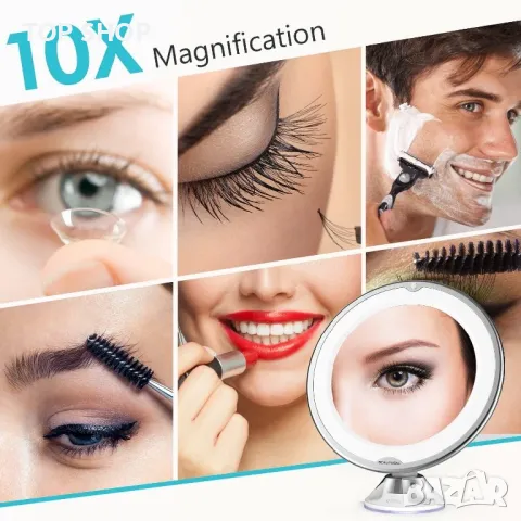 BEAUTURAL преносимо козметично LED огледало за грим/10x увеличени/вакуумна стойка с ключалка 360°, снимка 2 - Аксесоари за коса - 49308569