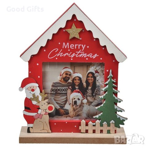Коледна дървена рамка, Червена Къща Merry Christmas, 19.5см, снимка 2 - Декорация за дома - 42703268