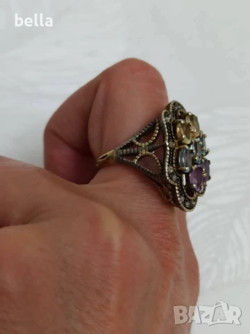 УНИКАТ-ЗЛАТЕН ПРЪСТЕН С ДИАМАНТИ ,АКВАМАРИН ЦИТРИН И АМЕТИСТ, снимка 10 - Пръстени - 50535941