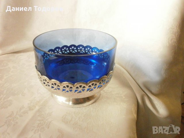  Стара Руска Посребрена Фруктиера, с Кобалтово Синьо Стъкло, снимка 5 - Антикварни и старинни предмети - 32013345