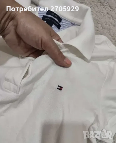 Tommy Hilfiger бяла дамска тениска с яка, размер L/XL, снимка 2 - Тениски - 52220082