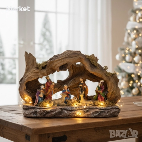 Коледна сцена „Рождество Христово“ – готов комплект с ясли, фигурки и естествен дизайн