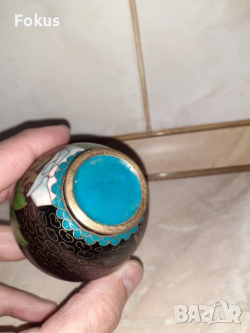 Cloisonne Клоазоне стара ваза цветя бронз клетъчен емайл, снимка 5 - Антикварни и старинни предмети - 53357493