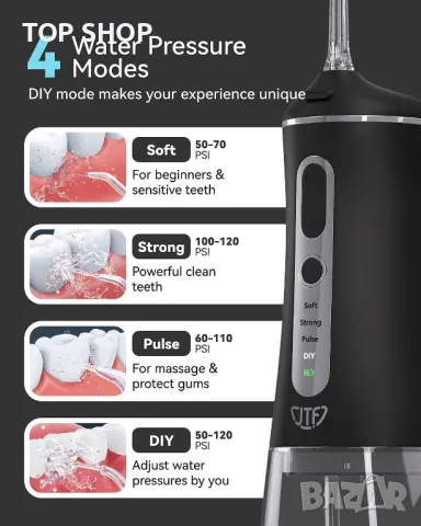 Зъбен душ за зъби безжичен JTF преносим акумулаторен иригатор 300 мл, черен, снимка 4 - Тримери - 49866430