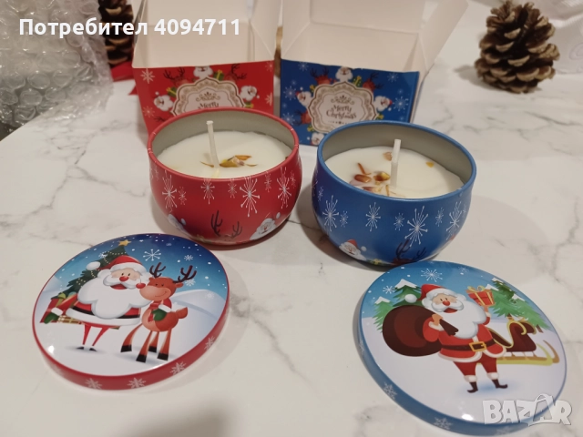 2 Нови ароматни коледни свещи+дървена поставка+ борова кора+коледна украса+ 2 шишарки, снимка 4 - Декорация за дома - 52497076
