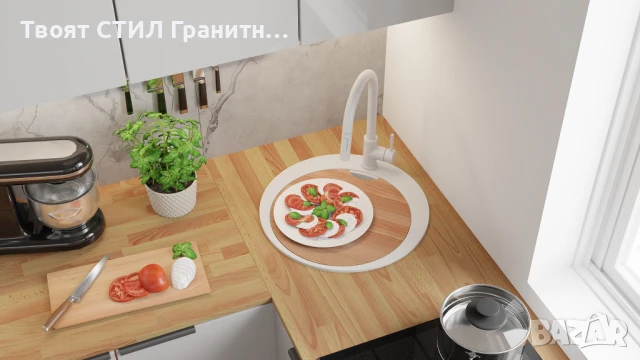 Бяла кръгла кухненска мивка от гранит Пиза 45 Top 500 x 500 мм, снимка 6 - Мивки - 50782881