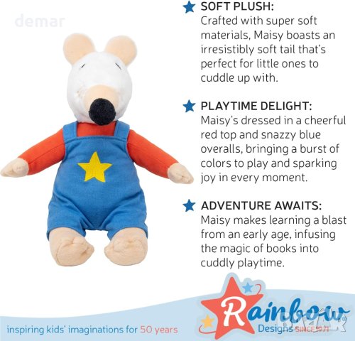 Rainbow Designs Мека плюшена играчка Maisy Mouse, мишка с кадифена опашка за деца, снимка 5 - Плюшени играчки - 44493951