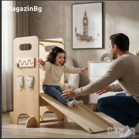  Дървена обучителна кула 4 в 1 Big Ben
Пързалка Дъска за рисуване Монтесори   