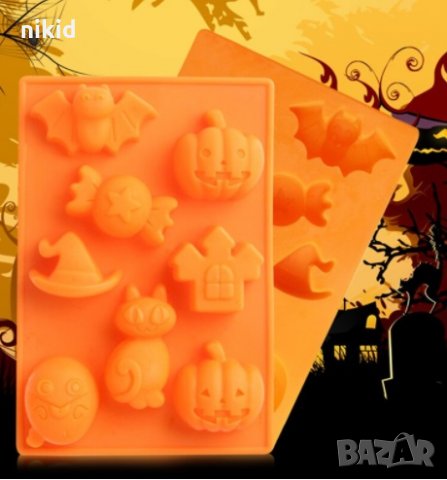 бонбон тиква котка яйце прилеп шапка Хелоуин силиконов молд форма фондан шоколадови бонбони гипс 