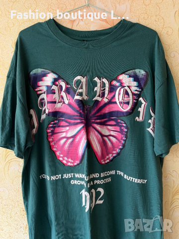 Зелена тениска с пеперуда 100% памук М размер 🦋, снимка 2 - Тениски - 44767181