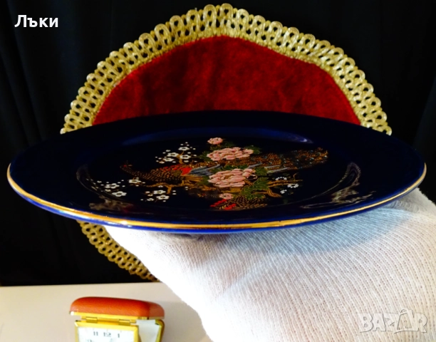 Чиния баварски порцелан,злато,кобалт,пауни. , снимка 6 - Чинии - 51824186