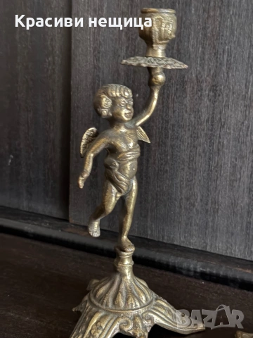 Чифт месингови свещници с ангелчета, снимка 5 - Антикварни и старинни предмети - 53220116