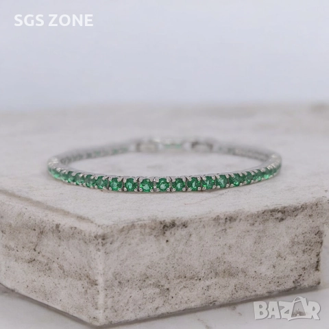 КЛАСИЧЕСКА ТЕНИС ГРИВНА ОТ СРЕБРО 925 СЪС ЗЕЛЕН ТОПАЗ, снимка 3 - Гривни - 52711324