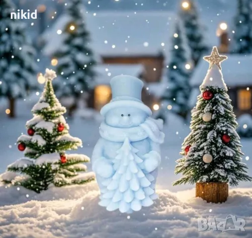 3D голям снежен човек с елха и шал силиконов молд форма фондан шоколад смола гипс свещ декор сапун, снимка 2 - Форми - 48525542