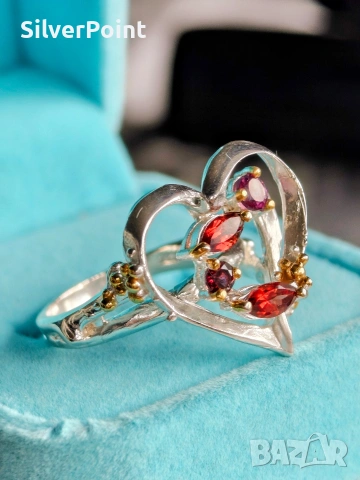 Сребърен пръстен "Любов" с натурални Гранати , снимка 3 - Пръстени - 53105068