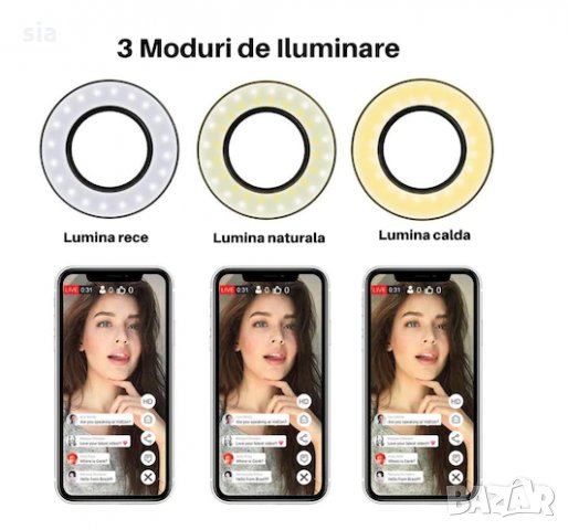 Стойка за селфи за телефон, LED светлини, Щипка, Ринг светлина с 3 режима на осветлени, снимка 3 - Селфи стикове, аксесоари - 34469523