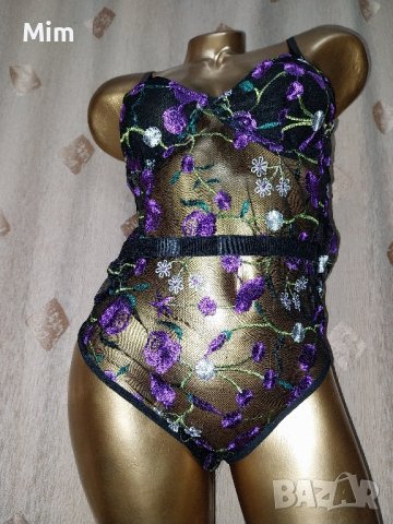 80 В  Черно ефирно боди с лилава бродерия , снимка 3 - Бельо - 42444357