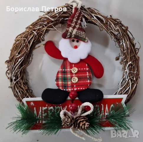Светеща коледна украса във формата на снежен човек 25 см. Дървена LED декорация снежен човек с 6 LED