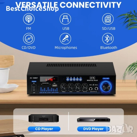 Мини Hi-Fi усилвател Bluetooth 5.0 с FM радио и USB вход – Портативен, снимка 7 - Ресийвъри, усилватели, смесителни пултове - 53101266