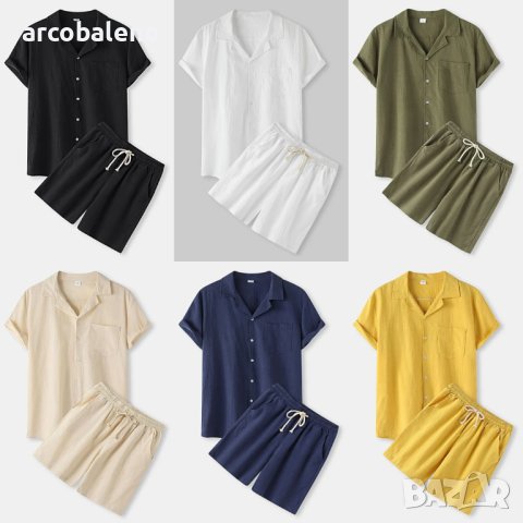 Мъжки летен комплект риза с къси ръкави и къси панталони от памучно ленено платно, 6цвята 