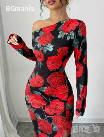 Рокля с цветя рози с дълъг ръкав едно рамо и цепка размер М и Л, снимка 3 - Рокли - 48968262