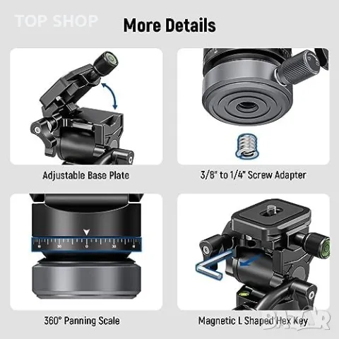 Нова глава за статив NEEWER с нивелираща основа триножник Arca QR плоча, снимка 8 - Чанти, стативи, аксесоари - 49319146