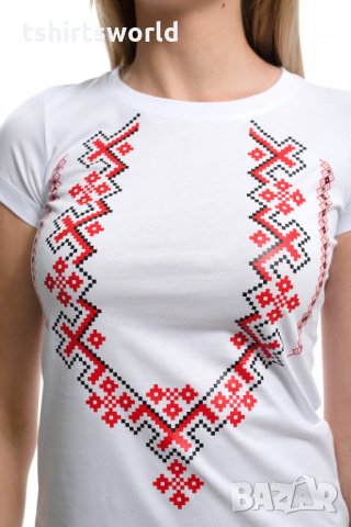 Нова дамска бяла тениска с трансферен печат Шевица, Етно мотив, България, снимка 2 - Тениски - 29964888