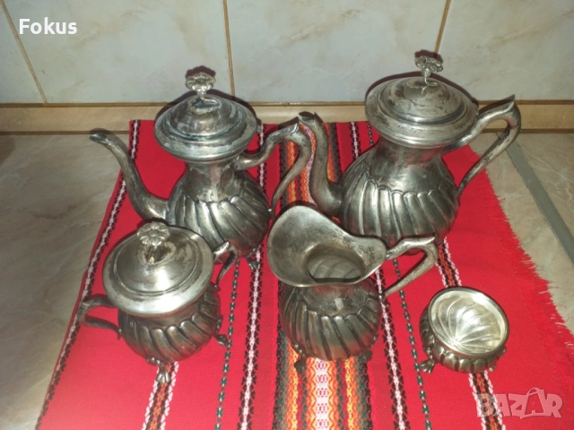 Страхотен стар посребрен сервиз - Alpaca - 5 части, снимка 6 - Антикварни и старинни предмети - 53279439