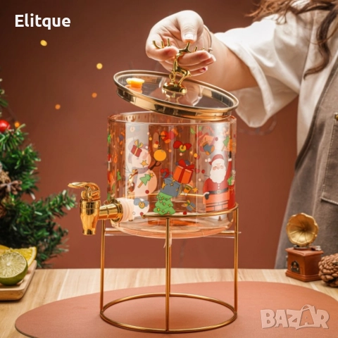 Стъклен диспенсър за напитки 2.6 L с коледен дизайн и златиста стойка, снимка 6 - Други - 52853481