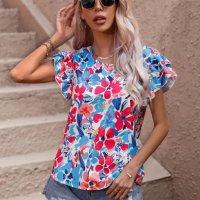 Дамска лятна модна двуслойна риза с къс ръкав с флорален принт, 4цвята - 023, снимка 3 - Ризи - 40394598