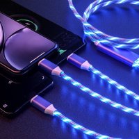 Универсален, светещ, троен кабел с накрайници за iPhone / TYPE C / microUSB /Цвят: Си, снимка 3 - USB кабели - 42881015