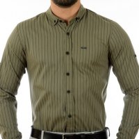 Мъжка зелена риза на черни райета-1 брой, Дължина ръкав-65см, дължина 75см,широчина гръб 52см,яка 43, снимка 4 - Ризи - 35130871
