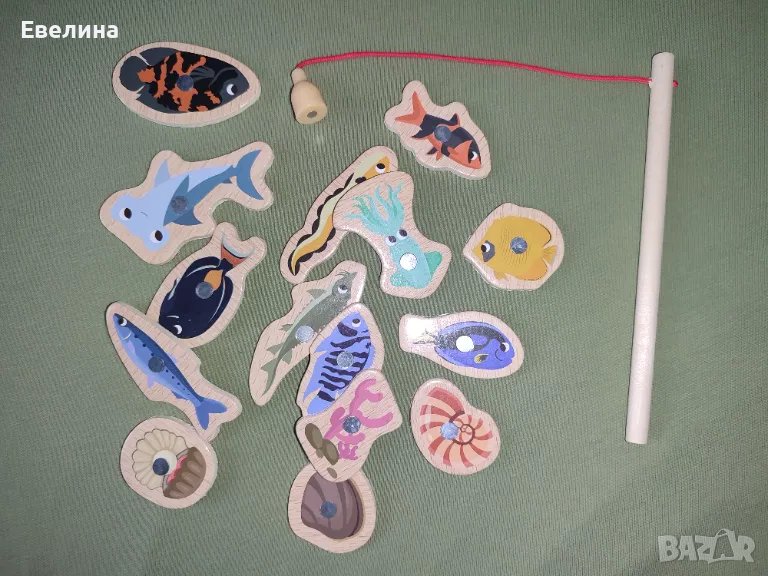 Детска дървена игра риболов 15 магнитни рибки с 1 въдица, снимка 1