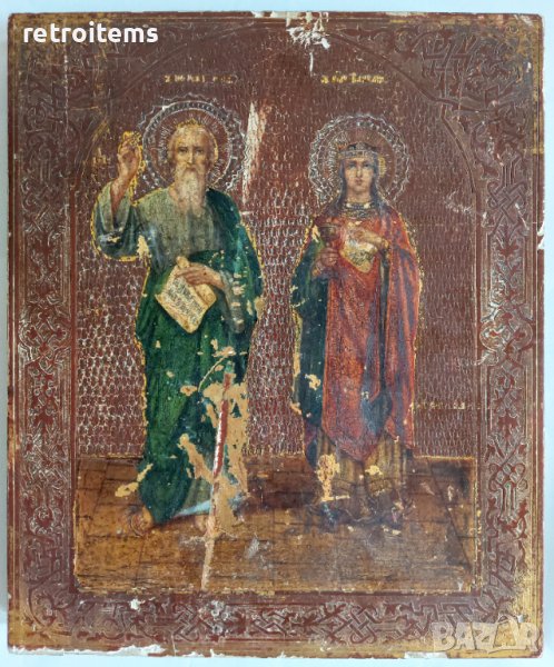 19 Век! Старинна Руска Икона на Свети Григорий Богослов и Света Варвара, снимка 1