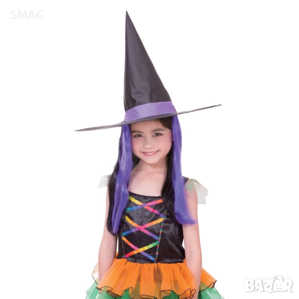 Перука на момиче с дълга лилава коса и шапка на магьосница_1230881, снимка 1