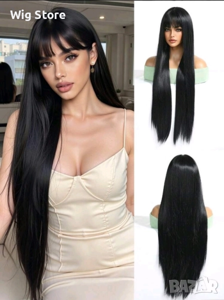 Наситено черна права перука с бретон , снимка 1