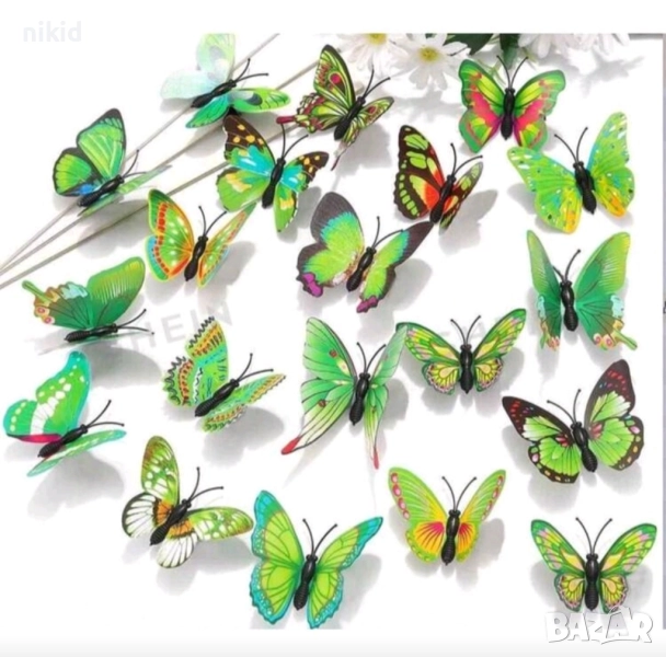 3D 12 бр pvc зелени магнитни и самозалепващи пеперуди декорация за стена и мебел, снимка 1