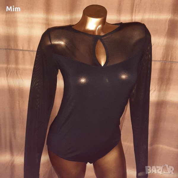 М/L Черно боди с дълъг ръкав от прозрачен  тюл и трико, снимка 1
