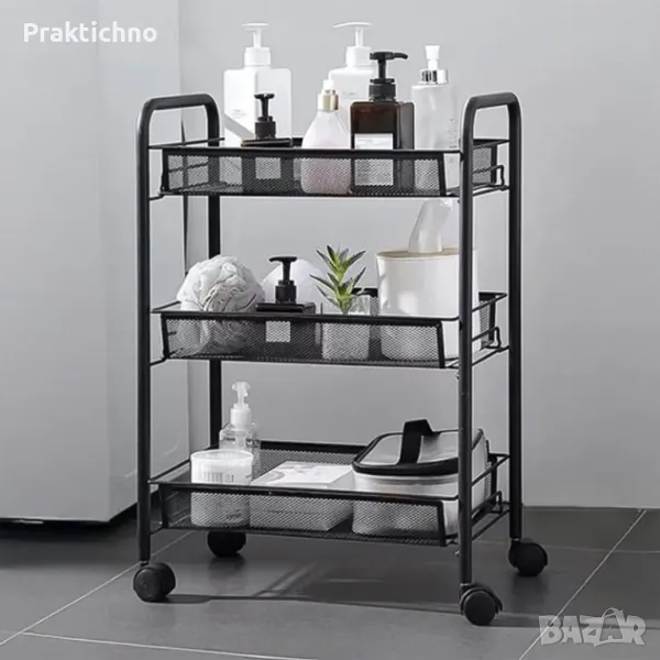 Мобилна етажерка, с 3 рафта и 4 закачалки, за кухня/баня или офис, снимка 1