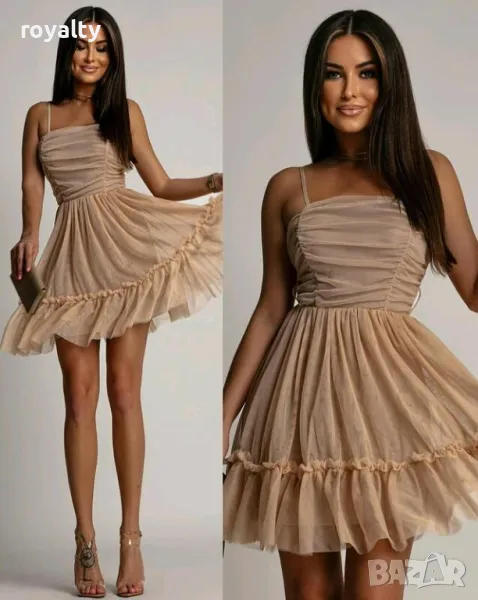 Елегантна бежова рокля от тюл, снимка 1
