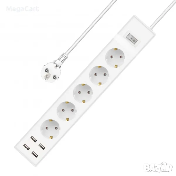 Удължител No brand, 5 гнезда, 250V, 16A, Кабел, 3m, 4 x USB F, С ключ, Бял, снимка 1