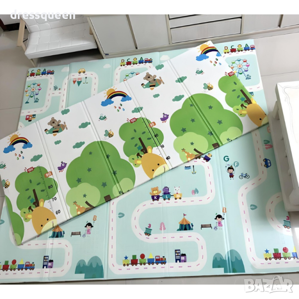 4133 Сгъваемо детско килимче за игра, топлоизолиращо 180x200x1cm Жираф и Писта с ВЛАКЧЕТА, снимка 1