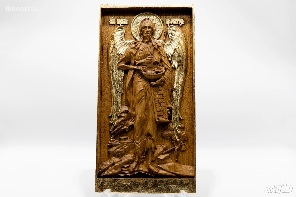 Позлатена релефна икона на Свети Йоан Кръстител от дъб, снимка 1